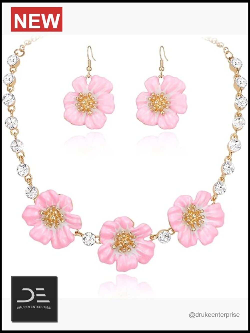 Crystal Enamel Flower Statement Collar Necklace & Dangle Earrings Set for Women